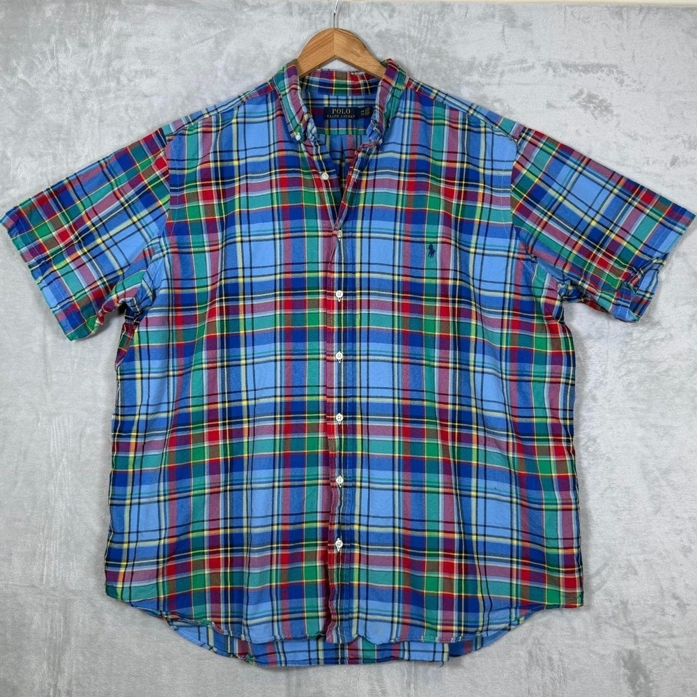Polo Ralph Lauren Plaid Button Down Shirt 2XB Men's Blue Plaid Short Sleeve
